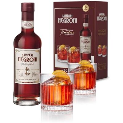 Campari Negroni Geschenkset – 1x 0,5 l Negroni im Set mit 2 Gläsern – italienischer, servierfertiger Pre-Dinner Cocktail Campari Negroni Geschenkset – 1x 0,5 l Negroni im Set mit 2 Gläsern – italienischer, servierfertiger Pre-Dinner Cocktail