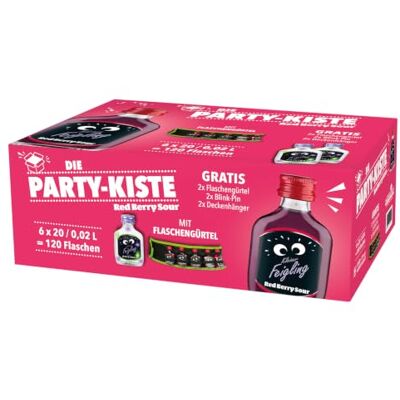 Kleiner Feigling Red Berry Sour, 120 x 0,02 l, Likör 15% vol. Vodka-Basis, fruchtig-säuerlich, inkl. Flaschengürtel, Blink-Pins und Deckenhänger, eisgekühlt servieren, Party-Kiste Kleiner Feigling Red Berry Sour, 120 x 0,02 l, Likör 15% vol. Vodka-Basis, fruchtig-säuerlich, inkl. Flaschengürtel, Blink-Pins und Deckenhänger, eisgekühlt servieren, Party-Kiste