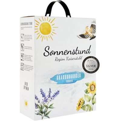 Sonnenstund Grauburgunder Wein-Box 3 Liter SILBER 2026 AWC Vienna Zarte Fruchtaromen nach Pfirsich, Apfel und Zitrusfrüchten, Grauer Burgunder QbA vom Kaiserstuhl in 3 Liter Bag in Box Sonnenstund Grauburgunder Wein-Box 3 Liter SILBER 2026 AWC Vienna Zarte Fruchtaromen nach Pfirsich, Apfel und Zitrusfrüchten, Grauer Burgunder QbA vom Kaiserstuhl in 3 Liter Bag in Box