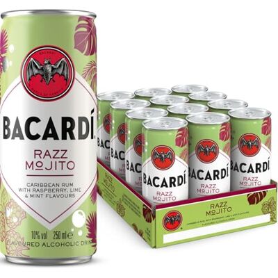 BACARDI BACARDÍ Razz Mojito, 10% vol., 12 x 25 cl/250 ml, Ready-To-Drink Cocktail in der Dose, trinkfertig mit BACARDÍ Razz Rum, Himbeeren, Minze und Limette BACARDI BACARDÍ Razz Mojito, 10% vol., 12 x 25 cl/250 ml, Ready-To-Drink Cocktail in der Dose, trinkfertig mit BACARDÍ Razz Rum, Himbeeren, Minze und Limette