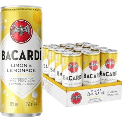BACARDI BACARDÍ Limón & Lemonade, 10% Vol., 12 x 25 cl/250 ml, Ready-To-Drink Cocktail in der Dose, trinkfertig mit BACARDÍ Limon Rum, Zitrone, Limette, Grapefruit und Limonade BACARDI BACARDÍ Limón & Lemonade, 10% Vol., 12 x 25 cl/250 ml, Ready-To-Drink Cocktail in der Dose, trinkfertig mit BACARDÍ Limon Rum, Zitrone, Limette, Grapefruit und Limonade