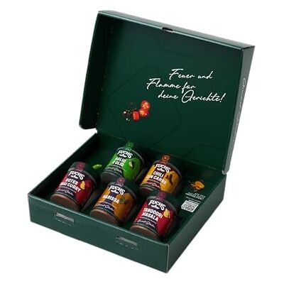 Fuchs Gewürze Hot-Box-Geschenkbox mit 5 scharfen Gewürzmischungen Von Amerika über den Orient bis nach Asien Gewürze für Hobby- und Profiköche Fuchs Gewürze Hot-Box-Geschenkbox mit 5 scharfen Gewürzmischungen Von Amerika über den Orient bis nach Asien Gewürze für Hobby- und Profiköche