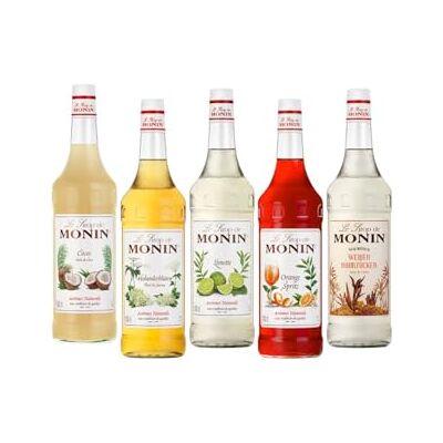 MONIN Bar Cocktail Probierpaket 5 x 1,0 l Cocktail Klassiker mit Holunderblüte, Kokosnuss, Limette, Orange & Rohrzucker für Bar und Zuhause MONIN Bar Cocktail Probierpaket 5 x 1,0 l Cocktail Klassiker mit Holunderblüte, Kokosnuss, Limette, Orange & Rohrzucker für Bar und Zuhause