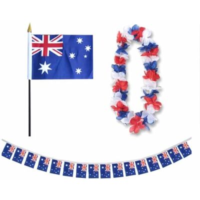 Sonia Originelli Australien Fan-Set 9 mit Tischfahne, Girlande und Hawaiikette Fanartikel in der australischen Nationalflagge für WM, EM und Events Sonia Originelli Australien Fan-Set 9 mit Tischfahne, Girlande und Hawaiikette Fanartikel in der australischen Nationalflagge für WM, EM und Events