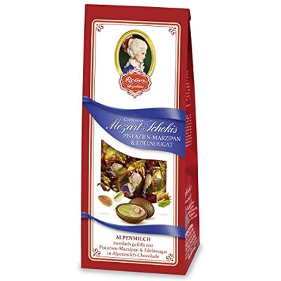 Reber Constanze Mozart-Schokis, Mini-Pralinés, Alpenmilch-Schokolade, Haselnuss-Nougat, Pistazien-Marzipan, Tolles Geschenk, 4 x 100 g Reber Constanze Mozart-Schokis, Mini-Pralinés, Alpenmilch-Schokolade, Haselnuss-Nougat, Pistazien-Marzipan, Tolles Geschenk, 4 x 100 g