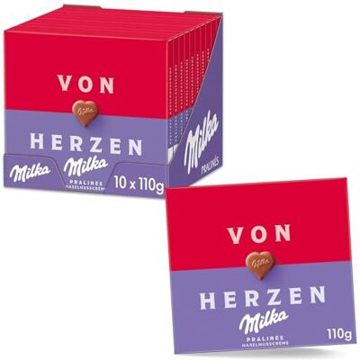 Milka Von Herzen Pralinen, 110 g (10er-Pack) Herzförmige Pralinen gefüllt mit feiner Haselnusscrème, umhüllt von zart schmelzender Alpenmilchschokolade Milka Von Herzen Pralinen, 110 g (10er-Pack) Herzförmige Pralinen gefüllt mit feiner Haselnusscrème, umhüllt von zart schmelzender Alpenmilchschokolade