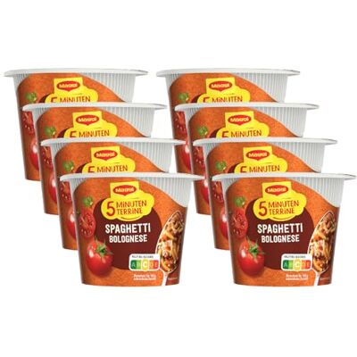 Maggi 5 Minuten Terrine Spaghetti Bolognese, leckeres Fertiggericht mit Instant Nudeln, Pasta-Snack in würziger Tomatensauce, 8er Pack (8 x 60g) Maggi 5 Minuten Terrine Spaghetti Bolognese, leckeres Fertiggericht mit Instant Nudeln, Pasta-Snack in würziger Tomatensauce, 8er Pack (8 x 60g)