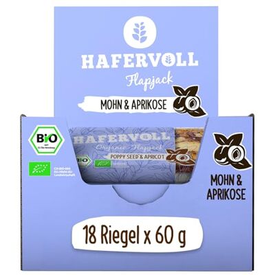 Hafervoll Organic Flapjack Poppy Seed & Apricot, 18 x 60 g Müsliriegel Bio-zertifiziert, mit Honig ohne Zusatz von Zucker, Hafer, im Ofen gebacken Hafervoll Organic Flapjack Poppy Seed & Apricot, 18 x 60 g Müsliriegel Bio-zertifiziert, mit Honig ohne Zusatz von Zucker, Hafer, im Ofen gebacken
