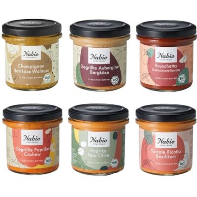 NABIO 6er Box Mediterrane Bio-Aufstriche 100% Vegetarisch Cremige Dips & Brotaufstriche Ohne Konservierungsstoffe 6 x 135g NABIO 6er Box Mediterrane Bio-Aufstriche 100% Vegetarisch Cremige Dips & Brotaufstriche Ohne Konservierungsstoffe 6 x 135g