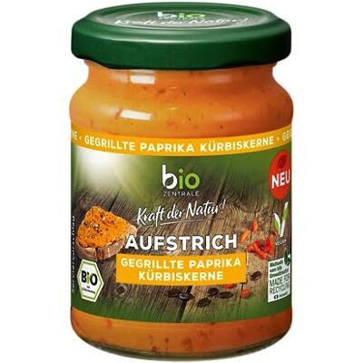 bioZentrale Brotaufstrich gegrillte Paprika Kürbiskerne, 6 x 125 g, vegan & glutenfrei, mit 45% gegrillter Paprika, mit Kürbiskernen verfeinert, lecker auf Brot oder zum Verfeinern von Gerichten bioZentrale Brotaufstrich gegrillte Paprika Kürbiskerne, 6 x 125 g, vegan & glutenfrei, mit 45% gegrillter Paprika, mit Kürbiskernen verfeinert, lecker auf Brot oder zum Verfeinern von Gerichten