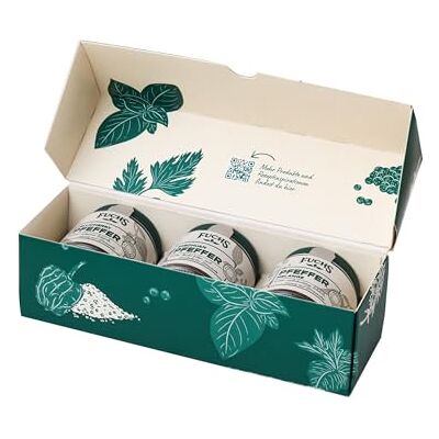 Fuchs Gewürze Pfeffer Geschenkbox "Erlesene Pfeffer" – 3 Pfeffersorten in hochwertigen Gewürzgläsern Koch-Geschenk für Hobby- und Profiköche Fuchs Gewürze Pfeffer Geschenkbox "Erlesene Pfeffer" – 3 Pfeffersorten in hochwertigen Gewürzgläsern Koch-Geschenk für Hobby- und Profiköche