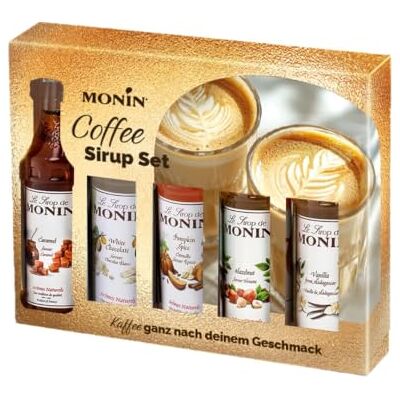 MONIN Kaffee Sirup Geschenkset 5 x 5 cl Geschenkset mit Vanille, Karamell, Haselnuss, Pumpkin Spice & Weißer Schokolade für Kaffee und Latte MONIN Kaffee Sirup Geschenkset 5 x 5 cl Geschenkset mit Vanille, Karamell, Haselnuss, Pumpkin Spice & Weißer Schokolade für Kaffee und Latte