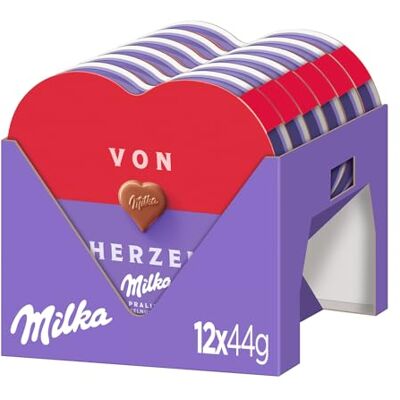 Milka I Love Pralinen, 44 g (12er-Pack) Herzförmige Alpenmilch-Schokolade mit feiner Haselnuss-Nougat-Crème-Füllung Milka I Love Pralinen, 44 g (12er-Pack) Herzförmige Alpenmilch-Schokolade mit feiner Haselnuss-Nougat-Crème-Füllung