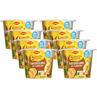 Maggi 5 Minuten Terrine Kartoffelbrei mit Steinpilzen, 8er Pack (8 x 43g) Leckeres Fertiggericht mit Kartoffelpüree, cremig herzhafter Kartoffel-Snack mit aromatischen Pilzen, vegetarisch Maggi 5 Minuten Terrine Kartoffelbrei mit Steinpilzen, 8er Pack (8 x 43g) Leckeres Fertiggericht mit Kartoffelpüree, cremig herzhafter Kartoffel-Snack mit aromatischen Pilzen, vegetarisch