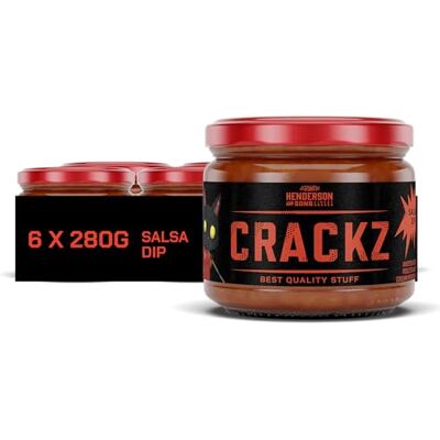 HENDERSON AND SONS CRACKZ Hot Salsa Dip scharf-würziger Tomaten-Dip, 6x280g Glas Scharf-würziger Tomaten Salsa Dip im Gaming-Style, perfekt zu Tortilla Chips, Rolls und Nüssen, für Zocker- und Movie-Nights HENDERSON AND SONS CRACKZ Hot Salsa Dip scharf-würziger Tomaten-Dip, 6x280g Glas Scharf-würziger Tomaten Salsa Dip im Gaming-Style, perfekt zu Tortilla Chips, Rolls und Nüssen, für Zocker- und Movie-Nights