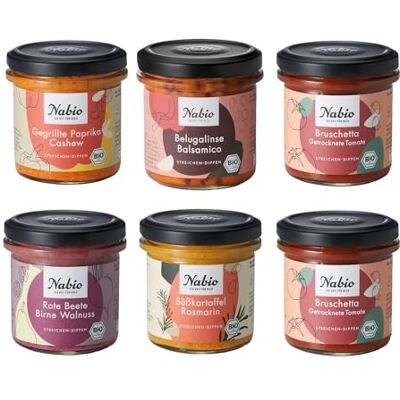 NABIO 6er Box Mediterrane Bio-Aufstriche 100% Vegan Cremige Brotaufstriche & Dips Ohne Konservierungsstoffe 6 x 135g NABIO 6er Box Mediterrane Bio-Aufstriche 100% Vegan Cremige Brotaufstriche & Dips Ohne Konservierungsstoffe 6 x 135g