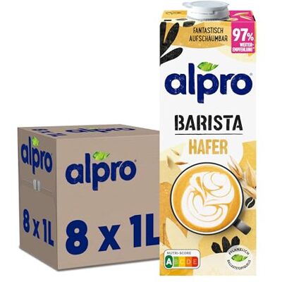Alpro Barista Haferdrink – Zum Aufschäumen – Vegan und milchfrei – Von Natur aus laktosefrei – Reich an Ballaststoffen, Calcium und Vitaminen – 8 x 1 L – Haltbar Alpro Barista Haferdrink – Zum Aufschäumen – Vegan und milchfrei – Von Natur aus laktosefrei – Reich an Ballaststoffen, Calcium und Vitaminen – 8 x 1 L – Haltbar