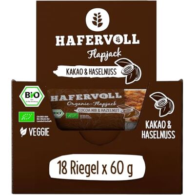 Hafervoll Organic Flapjack Cacoa Nib & Hazelnut, 18 x 60 g Müsliriegel Bio-zertifiziert, mit Honig ohne Zusatz von Zucker, Hafer, im Ofen gebacken Hafervoll Organic Flapjack Cacoa Nib & Hazelnut, 18 x 60 g Müsliriegel Bio-zertifiziert, mit Honig ohne Zusatz von Zucker, Hafer, im Ofen gebacken