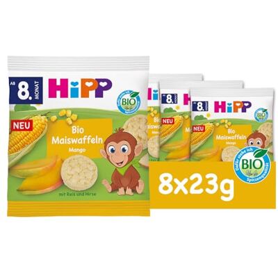 HiPP Bio Maiswaffeln Mango (8 x 23 g), Babysnack ab 8. Monat, glutenfrei, Süße nur aus Obst und Gemüse, ideal für unterwegs & zwischendurch HiPP Bio Maiswaffeln Mango (8 x 23 g), Babysnack ab 8. Monat, glutenfrei, Süße nur aus Obst und Gemüse, ideal für unterwegs & zwischendurch