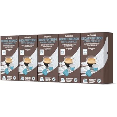 Amazon Decaff Intenso Plastik-Kaffeekapseln, kompatibel mit Nespresso, 100 Stück (5 Packungen à 20 Stück) – Rainforest Alliance-zertifiziert Amazon Decaff Intenso Plastik-Kaffeekapseln, kompatibel mit Nespresso, 100 Stück (5 Packungen à 20 Stück) – Rainforest Alliance-zertifiziert
