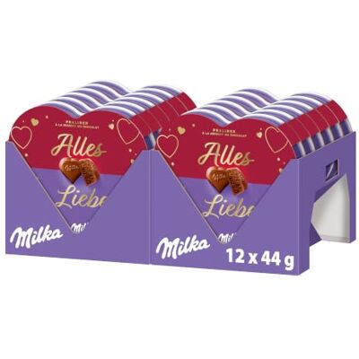 Milka Alles Liebe Pralinen 12 x 44g Herzförmige Pralinen aus zartschmelzender Alpenmilch Schokolade, gefüllt mit feiner Kakaocrème Milka Alles Liebe Pralinen 12 x 44g Herzförmige Pralinen aus zartschmelzender Alpenmilch Schokolade, gefüllt mit feiner Kakaocrème