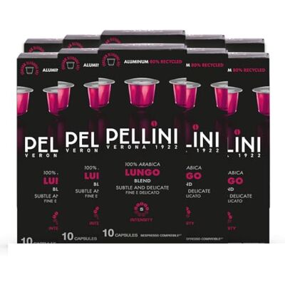 Pellini Lungo, 100 Aluminiumkapseln, kompatibel mit Nespresso 100 % Arabica-Mischung, milder und eleganter Geschmack, Noten von Honig und roten Früchten, 10 Packungen mit je 10 Kapseln Pellini Lungo, 100 Aluminiumkapseln, kompatibel mit Nespresso 100 % Arabica-Mischung, milder und eleganter Geschmack, Noten von Honig und roten Früchten, 10 Packungen mit je 10 Kapseln