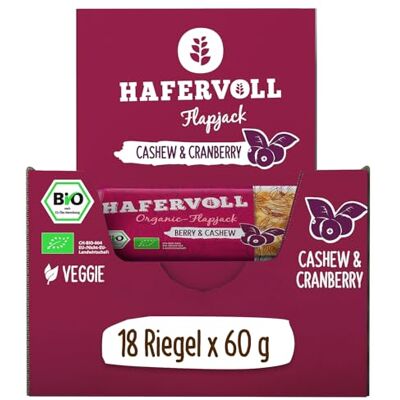 Hafervoll Organic Flapjack Berry & Cashew, 18 x 60 g Müsliriegel Bio-zertifiziert, mit Honig ohne Zusatz von Zucker, Hafer, im Ofen gebacken Hafervoll Organic Flapjack Berry & Cashew, 18 x 60 g Müsliriegel Bio-zertifiziert, mit Honig ohne Zusatz von Zucker, Hafer, im Ofen gebacken
