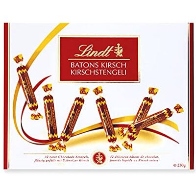 Lindt Schokolade Batons Kirschstengeli 250 g 32 Vollmilchschokoladestengli gefüllt mit flüssigem Schweizer Kirschlikör Pralinengeschenk mit Alkohol Schokoladengeschenk Lindt Schokolade Batons Kirschstengeli 250 g 32 Vollmilchschokoladestengli gefüllt mit flüssigem Schweizer Kirschlikör Pralinengeschenk mit Alkohol Schokoladengeschenk