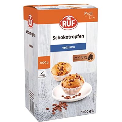 RUF Schoko Tröpfchen Vollmilch 30% Kakaogehalt, zum Einbacken oder Garnieren für Kuchen, Torte, Cookies und Muffins, glutenfrei, Topping für Eis und Porridge, 1x1000g RUF Schoko Tröpfchen Vollmilch 30% Kakaogehalt, zum Einbacken oder Garnieren für Kuchen, Torte, Cookies und Muffins, glutenfrei, Topping für Eis und Porridge, 1x1000g