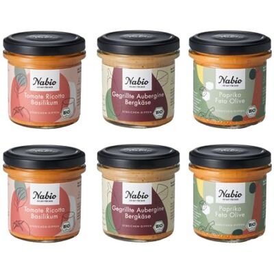 NABIO Käse-Liebe-Box mit drei verschiedenen vegetarischen Brotaufstrichen I Je 2x Tomate Ricotta Basilikum, Paprika Feta Olive und Gegrillte Aubergine Bergkäse I (6 x 135g) NABIO Käse-Liebe-Box mit drei verschiedenen vegetarischen Brotaufstrichen I Je 2x Tomate Ricotta Basilikum, Paprika Feta Olive und Gegrillte Aubergine Bergkäse I (6 x 135g)