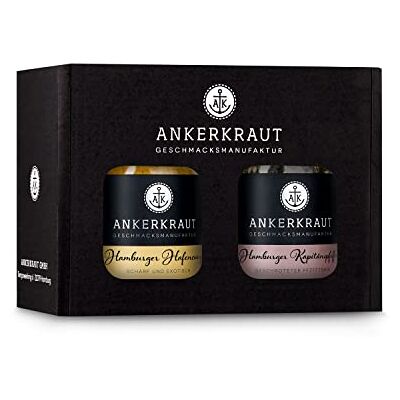 Ankerkraut Box für Fischköppe, mit Hafencurry und Kapitänspfeffer aus Hamburg, im Korkenglas Ankerkraut Box für Fischköppe, mit Hafencurry und Kapitänspfeffer aus Hamburg, im Korkenglas