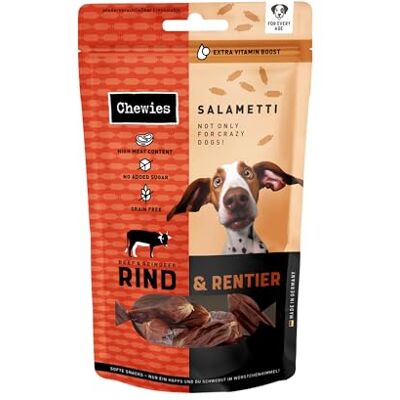 Chewies SALAMETTI Rind & Rentier- Hundeleckerli getreidefrei, mit Protein, ohne Zucker & schonend luftgetrocknet, reich an Vitaminen & Mineralstoffen (9 x 60g) Chewies SALAMETTI Rind & Rentier- Hundeleckerli getreidefrei, mit Protein, ohne Zucker & schonend luftgetrocknet, reich an Vitaminen & Mineralstoffen (9 x 60g)