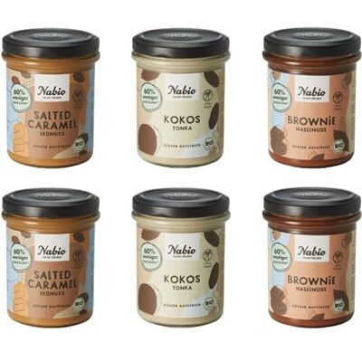 NABIO Süße Aufstrich Box mit dreimal veganen Brotaufstrich, mit je zwei Stück. Brownie Haselnuss, Salted Caramel und Kokos Tonka als Nachspeise, Frühstück oder als Zwischenmahlzeit (6 x 175g) NABIO Süße Aufstrich Box mit dreimal veganen Brotaufstrich, mit je zwei Stück. Brownie Haselnuss, Salted Caramel und Kokos Tonka als Nachspeise, Frühstück oder als Zwischenmahlzeit (6 x 175g)