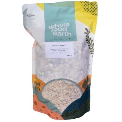 Wholefood Earth Deluxe Muesli A Blend of Flakes with Dried Fruit, Nuts and Seeds 1 kg GMO Free High Fibre Wholefood Earth Deluxe Muesli A Blend of Flakes with Dried Fruit, Nuts and Seeds 1 kg GMO Free High Fibre