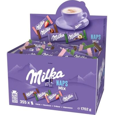 Milka Naps Mix, 1,7 kg Mini-Schokoladentäfelchen in 4 Sorten – Alpenmilch, Erdbeere, Haselnuss, Crème au Cacao Milka Naps Mix, 1,7 kg Mini-Schokoladentäfelchen in 4 Sorten – Alpenmilch, Erdbeere, Haselnuss, Crème au Cacao