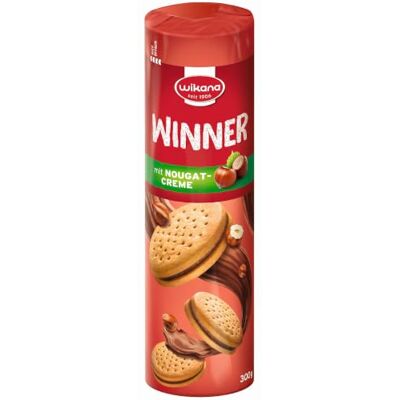 Wikana Winner Doppelkekse mit Nougatcreme 12er Pack à 300 g feine Sandwichkekse mit köstlilcher Hasenuss-Nougatfüllung Wikana Winner Doppelkekse mit Nougatcreme 12er Pack à 300 g feine Sandwichkekse mit köstlilcher Hasenuss-Nougatfüllung