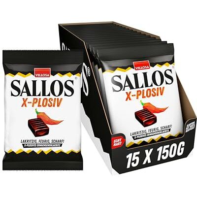 SALLOS X-plosiv Vorrats-Pack – scharfe Lakritz-Bonbons mit Chili-Extrakt, aus natürlichem Süßholzsaft, würzig-scharfe Lakritz-Kombination, vegan, im Vorrats-Pack, 15 x 150 g SALLOS X-plosiv Vorrats-Pack – scharfe Lakritz-Bonbons mit Chili-Extrakt, aus natürlichem Süßholzsaft, würzig-scharfe Lakritz-Kombination, vegan, im Vorrats-Pack, 15 x 150 g