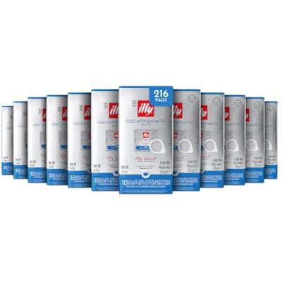 illy , Kaffee in E.S.E. Pads ENTKOFFEINIERT, 216 Pads 100% Arabica mit Noten von Karamell, Schokolade und Geröstetem Brot, Ausgewogener Geschmack, Koffeinfrei, 12 Packungen à 18 illy , Kaffee in E.S.E. Pads ENTKOFFEINIERT, 216 Pads 100% Arabica mit Noten von Karamell, Schokolade und Geröstetem Brot, Ausgewogener Geschmack, Koffeinfrei, 12 Packungen à 18
