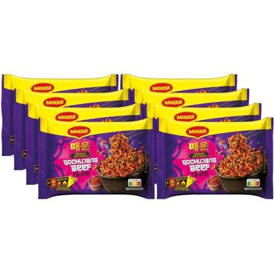 Maggi Korean Style Noodles Gochujang Beef Taste Beutel, Instantnudeln mit scharf-süß-salziger Sauce, 8er Pack (8 x 130g) Maggi Korean Style Noodles Gochujang Beef Taste Beutel, Instantnudeln mit scharf-süß-salziger Sauce, 8er Pack (8 x 130g)