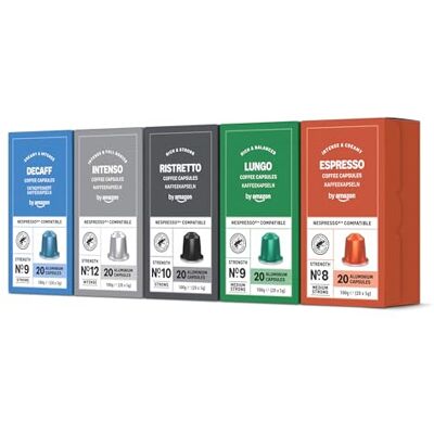 Amazon Sortimentspackung, Aluminium-Kaffeekapseln, kompatibel mit Nespresso, mittelgeröstet, 100 Stück (5 Packungen mit je 20 Stück) – Rainforest Alliance zertifiziert Amazon Sortimentspackung, Aluminium-Kaffeekapseln, kompatibel mit Nespresso, mittelgeröstet, 100 Stück (5 Packungen mit je 20 Stück) – Rainforest Alliance zertifiziert