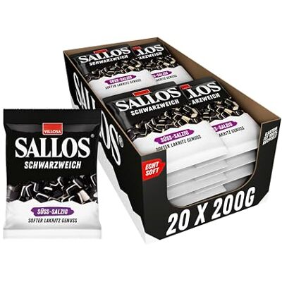 SALLOS Schwarzweich Süss-Salzig Vorrats-Pack – Lakritz mit Schaumzucker, aus natürlichem Süßholzsaft, würzige Lakritz-Kombination, Lakritz-Mix vegan, im Vorrats-Pack, 20 x 200 g SALLOS Schwarzweich Süss-Salzig Vorrats-Pack – Lakritz mit Schaumzucker, aus natürlichem Süßholzsaft, würzige Lakritz-Kombination, Lakritz-Mix vegan, im Vorrats-Pack, 20 x 200 g