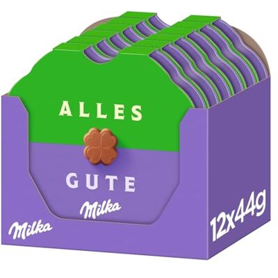 Milka Alles Gute Pralinen, 44 g (12er-Pack) Alpenmilchschokolade mit feiner Kakaocrème-Füllung in Kleeblattform Milka Alles Gute Pralinen, 44 g (12er-Pack) Alpenmilchschokolade mit feiner Kakaocrème-Füllung in Kleeblattform