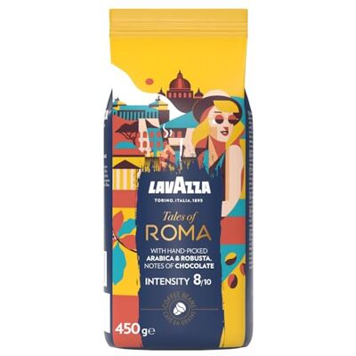 Lavazza , Tales of Roma, Kaffeebohnen, Ideal für Espresso-Kaffeemaschinen, mit Aroma Noten von Haselnuss & Dunkler Schokolade, Arabica und Robusta, Intensität 8/10, Mittel Röstgrad, 450 g Lavazza , Tales of Roma, Kaffeebohnen, Ideal für Espresso-Kaffeemaschinen, mit Aroma Noten von Haselnuss & Dunkler Schokolade, Arabica und Robusta, Intensität 8/10, Mittel Röstgrad, 450 g