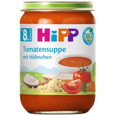 HiPP Bio Tomatensuppe mit Hühnchen (6 x 190g), Babygläschen ab 8. Monat, ohne Salzzusatz, mit Omega-3, feine Stückchen zum Kauenlernen HiPP Bio Tomatensuppe mit Hühnchen (6 x 190g), Babygläschen ab 8. Monat, ohne Salzzusatz, mit Omega-3, feine Stückchen zum Kauenlernen