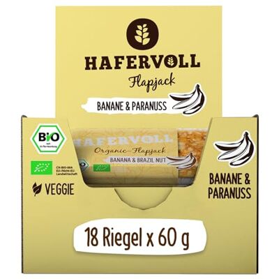 Hafervoll Organic Flapjack Banana & Brazil Nut, 18 x 60 g Müsliriegel Bio-zertifiziert, mit Honig ohne Zusatz von Zucker, Hafer, im Ofen gebacken Hafervoll Organic Flapjack Banana & Brazil Nut, 18 x 60 g Müsliriegel Bio-zertifiziert, mit Honig ohne Zusatz von Zucker, Hafer, im Ofen gebacken
