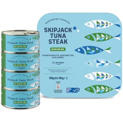 Amazon Thunfischfilets, geschnitten, in Olivenöl, 195g, 4er-Pack (Abtropfgewicht: 600g) Amazon Thunfischfilets, geschnitten, in Olivenöl, 195g, 4er-Pack (Abtropfgewicht: 600g)