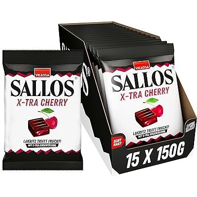 SALLOS X-tra Cherry Vorrats-Pack – Lakritz-Bonbons mit Kirsch-Füllung, aus natürlichem Süßholzsaft, würzig-fruchtige Lakritz-Kombination, vegan, im Vorrats-Pack, 15 x 150 g SALLOS X-tra Cherry Vorrats-Pack – Lakritz-Bonbons mit Kirsch-Füllung, aus natürlichem Süßholzsaft, würzig-fruchtige Lakritz-Kombination, vegan, im Vorrats-Pack, 15 x 150 g