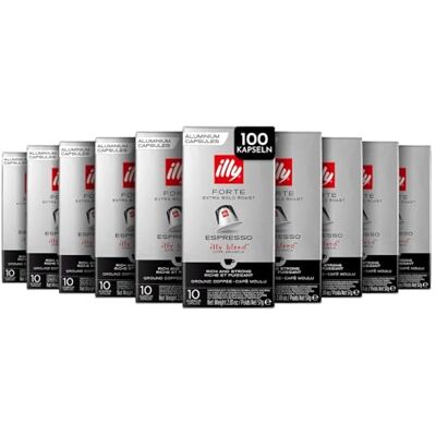 illy , Kaffee in kompatiblen Kapseln FORTE, 100 Kapseln Insgesamt In Aluminium, 100% Arabica mit Aroma von Geröstetem Brot, Nachgeschmack von Dunkler Schokolade, 10 Packungen mit 10 Kapseln illy , Kaffee in kompatiblen Kapseln FORTE, 100 Kapseln Insgesamt In Aluminium, 100% Arabica mit Aroma von Geröstetem Brot, Nachgeschmack von Dunkler Schokolade, 10 Packungen mit 10 Kapseln