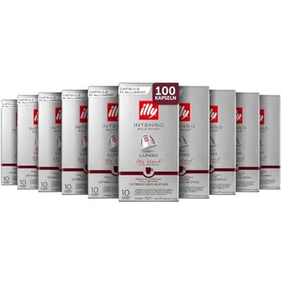 illy , Kaffee in kompatiblen Kapseln INTENSO Lungo, 100 Kapseln Insgesamt In Aluminium, 100% Arabica mit Aromen von Kakao und Trockenfrüchten, Vollmundiger Nachgeschmack, 10 Packungen mit 10 Kapseln illy , Kaffee in kompatiblen Kapseln INTENSO Lungo, 100 Kapseln Insgesamt In Aluminium, 100% Arabica mit Aromen von Kakao und Trockenfrüchten, Vollmundiger Nachgeschmack, 10 Packungen mit 10 Kapseln