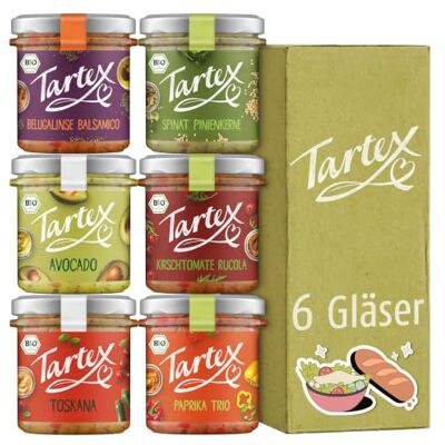 Tartex Lieblinge Box Bio vegane Brotaufstriche 6 Gläser Die beliebtesten Sorten herzhaft & vegan aufs Brot oder als Dip im Vorteilspack, 825g Tartex Lieblinge Box Bio vegane Brotaufstriche 6 Gläser Die beliebtesten Sorten herzhaft & vegan aufs Brot oder als Dip im Vorteilspack, 825g